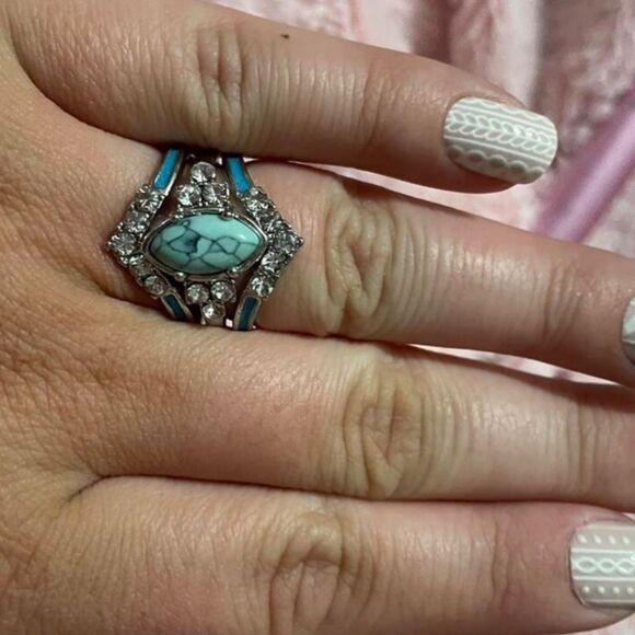 Western Bohemian Navajo Turquoise Wedding Engagement Ring Diamond Ring Set - Picture 7 of 12